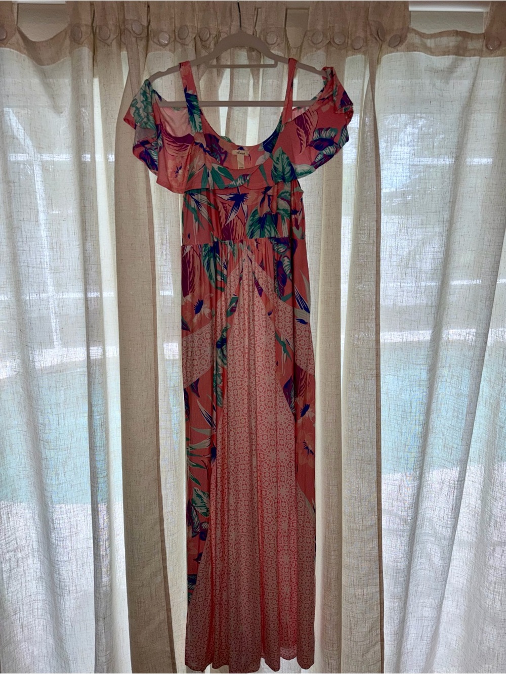 Soma Coral Tropical Print Maxi Dress off the shoulder cutout